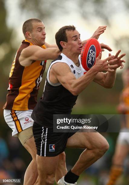 Corey Jones of North Ballarat marks during the VFL Preliminary Final match between North Ballarat and Box Hill at Box Hill City Oval on September 12,...