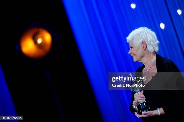 Actress Judi Dench receives the Donostia Award during the 66th San Sebastian International Film Festival at the Kursaal Palace on September 25, 2018...