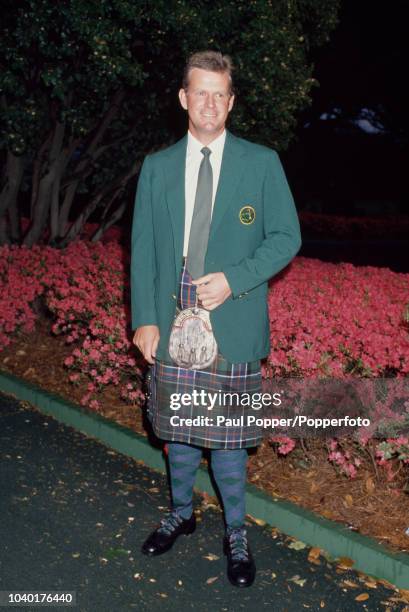 Sandy Lyle of Scotland, the winner of the 1988 US Masters Golf Tournament held at The Augusta National Golf Club, Georgia, poses in his kilt and...