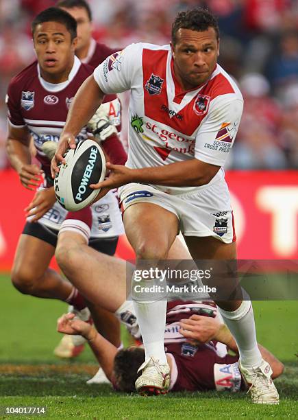 Neville Costigan of the Dragons runs the ball a try during the NRL Fourth Qualifying Final match between the St George Illawarra Dragons and the...
