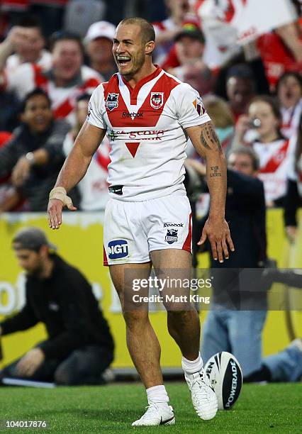 Matt Cooper of the Dragons celebrates after scoring his second try during the NRL Fourth Qualifying Final match between the St George Illawarra...