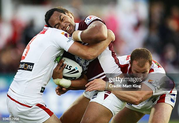 Tony Williams of the Sea Eagles is tackled during the NRL Fourth Qualifying Final match between the St George Illawarra Dragons and the Manly...