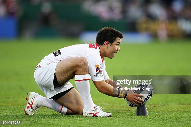 Jamie Soward of the Dragons lines up a conversion attempt during the NRL Fourth Qualifying Final match between the St George Illawarra Dragons and...