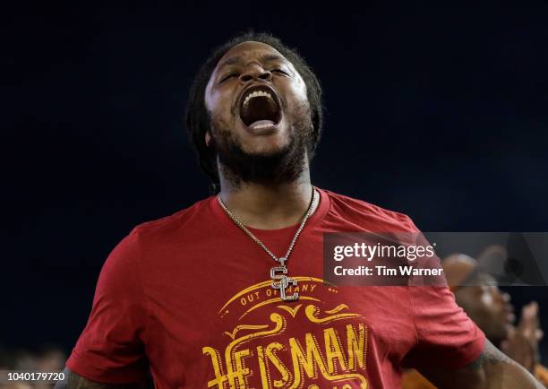 Retired NFL player and USC Trojans running back LenDale White celebrates during the game against the Texas Longhorns at Darrell K Royal-Texas...