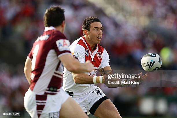 Darius Boyd of the Dragons passes the ball during the NRL Fourth Qualifying Final match between the St George Illawarra Dragons and the Manly...