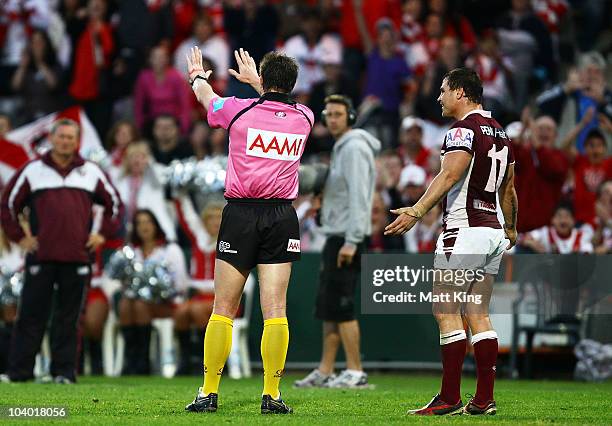 Anthony Watmough of the Sea Eagles is sent to the sin bin by referee Jared Maxwell during the NRL Fourth Qualifying Final match between the St George...