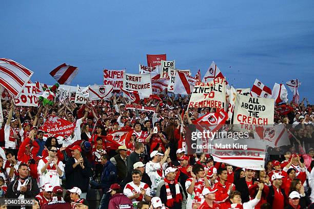 Dragons fans support their team during the NRL Fourth Qualifying Final match between the St George Illawarra Dragons and the Manly Warringah Sea...
