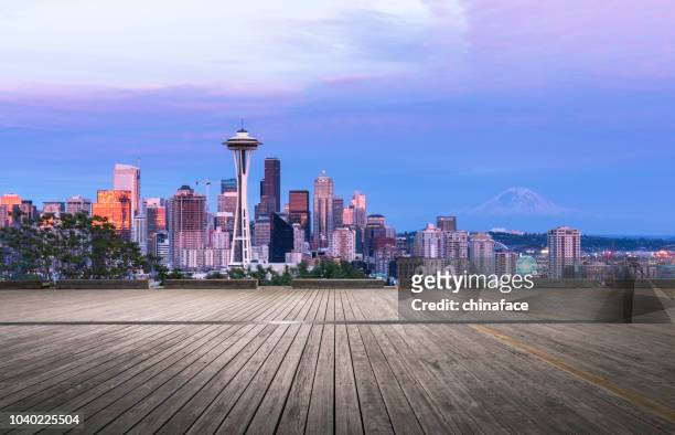 empty wooden viewing platform,seattle - seattle stock pictures, royalty-free photos & images