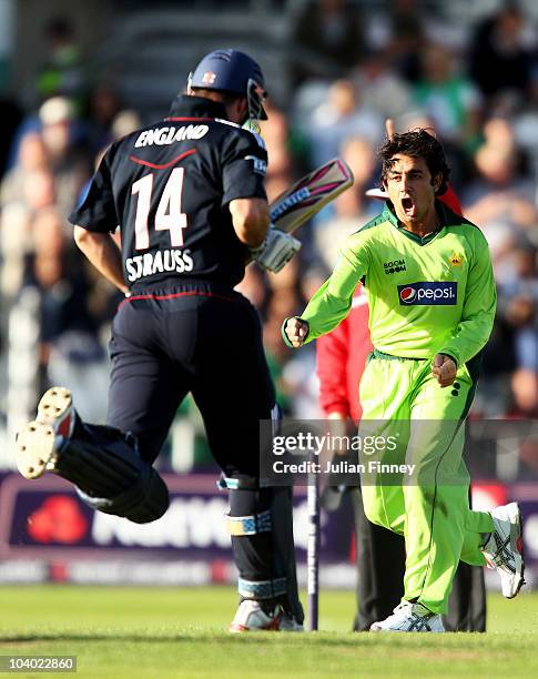 Saeed Ajmal of Pakistan celebrates the wicket of Andrew Strauss of England during the 2nd NatWest One Day International between England and Pakistan...