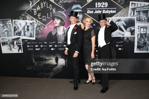 Lars Schwuchow, Else Edelstahl and Silvio Raschke attend the premiere of the film '1929 - Das Jahr Babylon' at Delphi Filmpalast on September 25,...