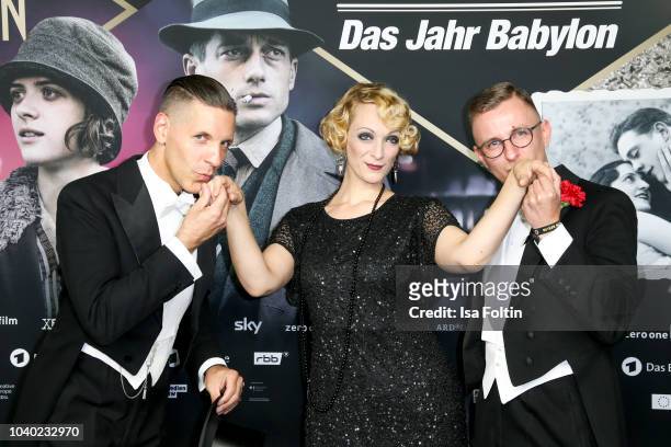 Lars Schwuchow, Else Edelstahl and Silvio Raschke attend the premiere of the film '1929 - Das Jahr Babylon' at Delphi Filmpalast on September 25,...