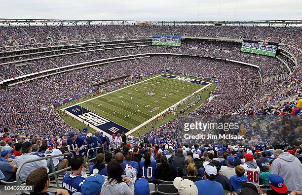 General view of the openeing kick off at the New Meadowlands Stadium between the Carolina Panthers and the New York Giants on September 12, 2010 in...