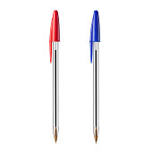 Red and blue ballpoint pens on white background