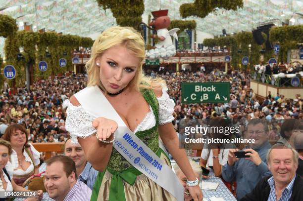Wiesn Playmate Denise Cotte in the Hofbraeu Tent during the opening of Oktoberfest in Munich, Germany, 20 September 2014. A one-litre stein of...