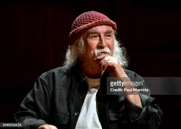 David Crosby speaks at Harvard University's Sanders Theatre in a conversation with Harvard students titled 'Gotta Get Down To It: Conversations With...