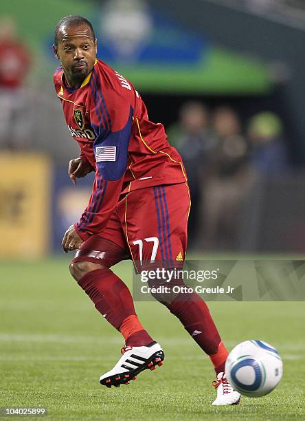 Andy Williams of Real Salt Lake passes against the Seattle Sounders FC on September 9, 2010 at Qwest Field in Seattle, Washington.