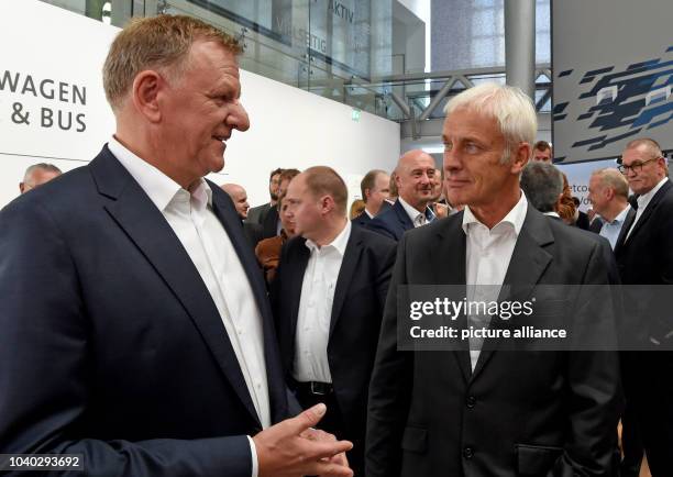 Management board member with responsibility for commercial vehicles, Andreas Renschler , greets VW CEO Mattias Mueller at th start of the Volkswagen...