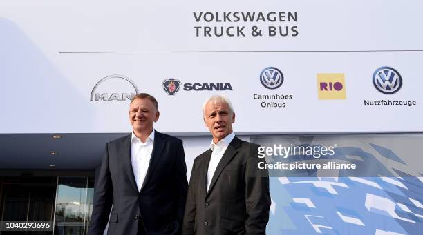 Management board member with responsibility for commercial vehicles, Andreas Renschler , greets VW CEO Mattias Mueller at th start of the Volkswagen...