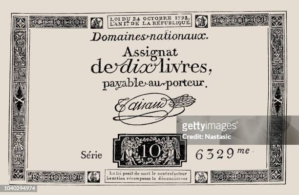 1792 - french revolution assignat - 10 sols - antique paper banknote money issued by national assembly - made in paris, france - currency - french culture stock illustrations stock illustrations
