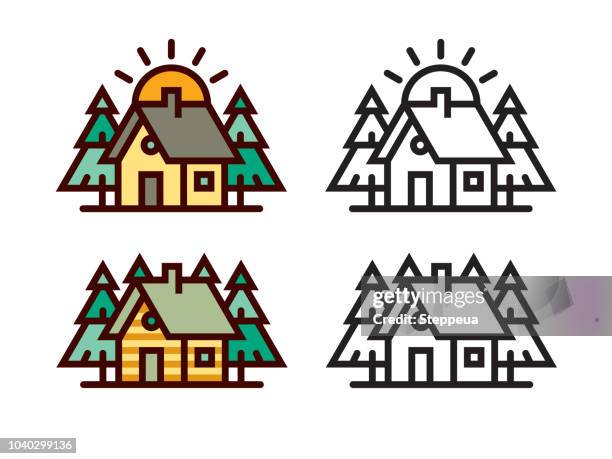 cabin in the woods - log cabin logo stock illustrations