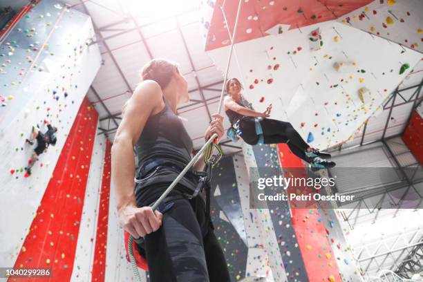 two young women on an indoor climbing wall. - safety harness stock pictures, royalty-free photos & images