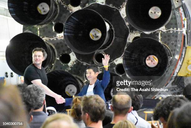 Yusaku Maezawa, the Japanese billionaire chosen by SpaceX CEO Elon Musk to fly around the moon, smiles at SpaceX headquarters on September 17, 2018...