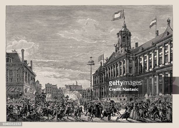 dutch and french republics celebrate their alliance at amsterdam - lynching stock illustrations