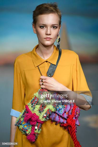 Model walks the runway at the Roberta Einer Ready to Wear Spring/Summer 2019 fashion show during London Fashion Week September 2018 on September 18,...