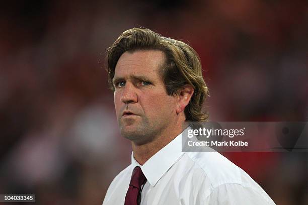 Eagles coach Des Hasler watches on from the bench during the NRL Fourth Qualifying Final match between the St George Illawarra Dragons and the Manly...