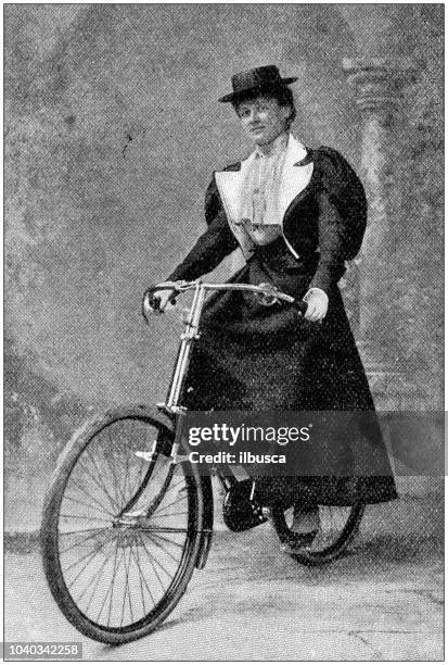 antikes foto: frau auf fahrrad - 1900s woman stock-grafiken, -clipart, -cartoons und -symbole