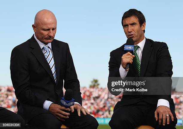 Andrew Johns of the Channel Nine commentary team speaks during their pre-match show on the sideline before the NRL Fourth Qualifying Final match...