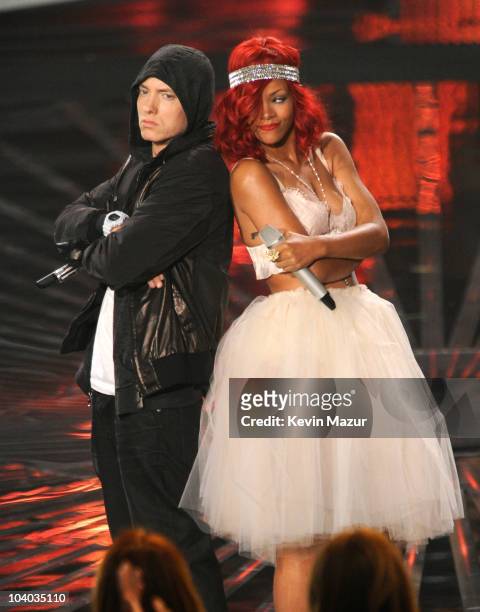 Eminem and Rihanna perform on stage at the 2010 MTV Video Music Awards held at Nokia Theatre L.A. Live on September 12, 2010 in Los Angeles,...