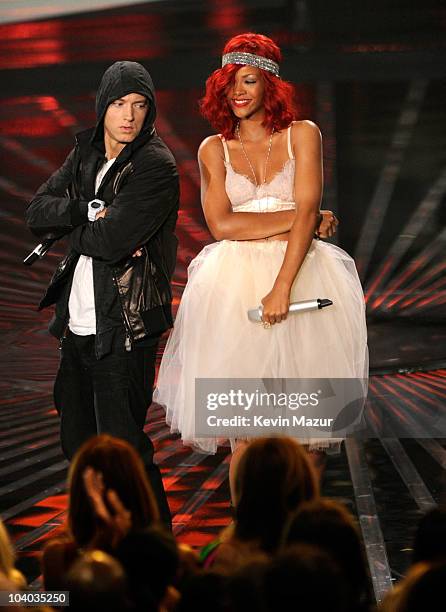 Eminem and Rihanna perform on stage at the 2010 MTV Video Music Awards held at Nokia Theatre L.A. Live on September 12, 2010 in Los Angeles,...