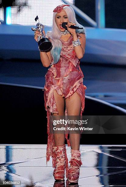 Singer Lady Gaga accepts the Video of the Year award onstage during the 2010 MTV Video Music Awards at NOKIA Theatre L.A. LIVE on September 12, 2010...