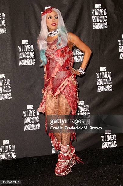 Singer Lady Gaga poses in the press room during the MTV Video Music Awards at NOKIA Theatre L.A. LIVE on September 12, 2010 in Los Angeles,...