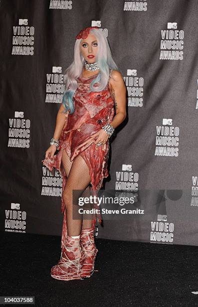Lady Gaga poses in the press room at the 2010 MTV Video Music Awards held at Nokia Theatre L.A. Live on September 12, 2010 in Los Angeles, California.