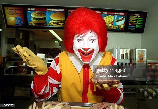 Ronald McDonald at the launch of the new McDonalds restaurant in the casual dining section of the Athlete's Village in Homebush, Sydney, Australia....