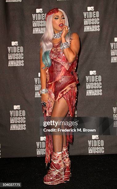 Singer Lady Gaga poses in the press room during the MTV Video Music Awards at NOKIA Theatre L.A. LIVE on September 12, 2010 in Los Angeles,...