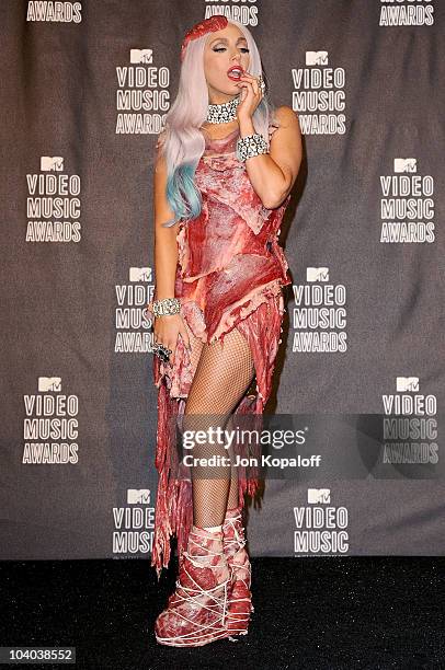 Lady Gaga poses in the press room at the 2010 MTV Video Music Awards at Nokia Theatre L.A. Live on September 12, 2010 in Los Angeles, California.
