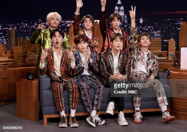 Episode 0931 -- Pictured: Band BTS during an interview on September 25, 2018 --