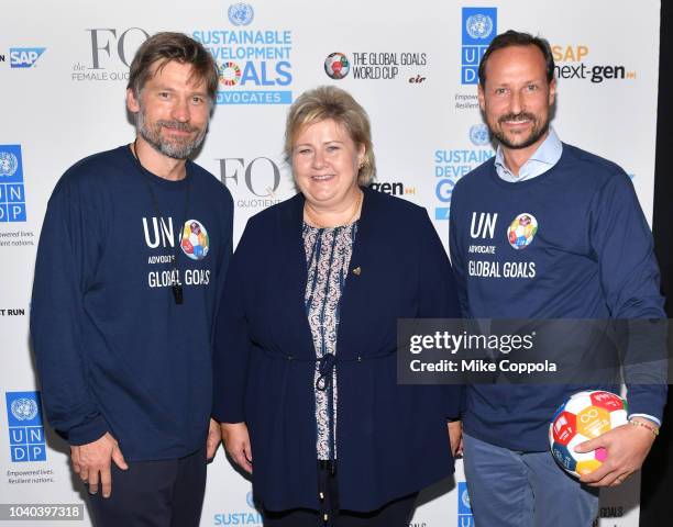 Actor Nikolaj Coster-Waldau, Haakon, Crown Prince of Norway and Prime Minister of Norway Erna Solberg attend the 3rd Annual Global Goals World Cup at...