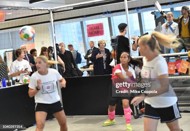 Prime Minister of Norway Erna Solberg reacts as she attends the 3rd Annual Global Goals World Cup at the SAP Leonardo Centre on September 25, 2018 in...