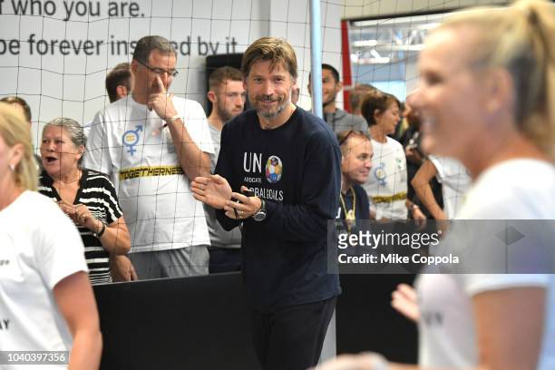 Actor Nikolaj Coster-Waldau participates in the game during the 3rd Annual Global Goals World Cup at the SAP Leonardo Centre on September 25, 2018 in...