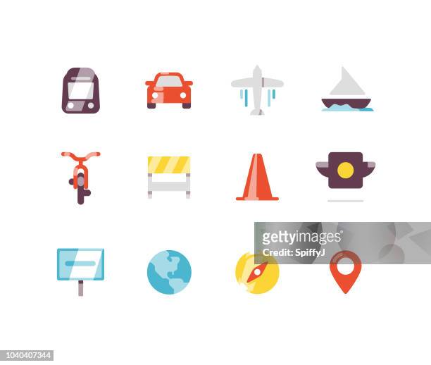 transport und reisen flach symbole - spielzeugauto stock-grafiken, -clipart, -cartoons und -symbole