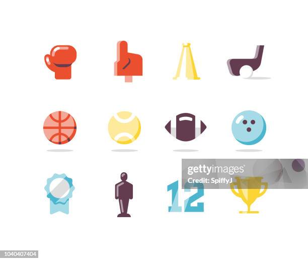 stockillustraties, clipart, cartoons en iconen met sport- en apparatuur plat pictogrammen - trophy flat