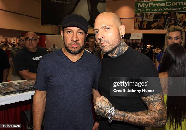 Max Padilla and Evan Seinfeld attend the Adultcon Adult Entertainment Convention at Los Angeles Convention Center on September 12, 2010 in Los...