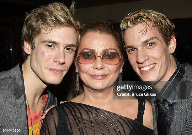 Zachary Booth, Elizabeth Ashley and Preston Sadler pose at the Opening Night Afterparty for Edward Albee's "Me, Myself & I" at The West Bank Cafe on...