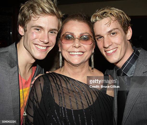 Zachary Booth, Elizabeth Ashley and Preston Sadler pose at the Opening Night Afterparty for Edward Albee's "Me, Myself & I" at The West Bank Cafe on...