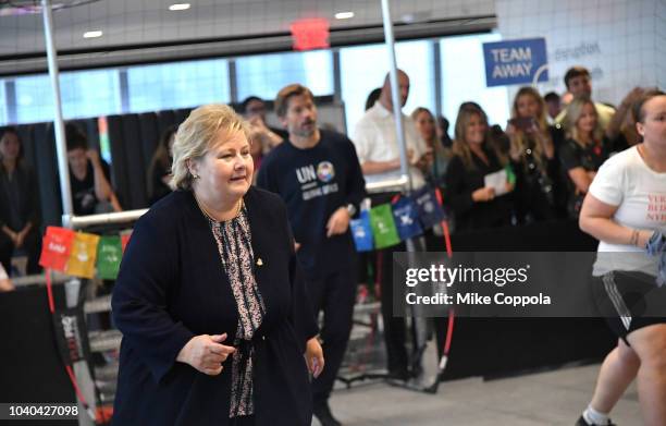 Prime Minister of Norway Erna Solberg and Actorc participate in activities during the 3rd Annual Global Goals World Cup at the SAP Leonardo Centre on...