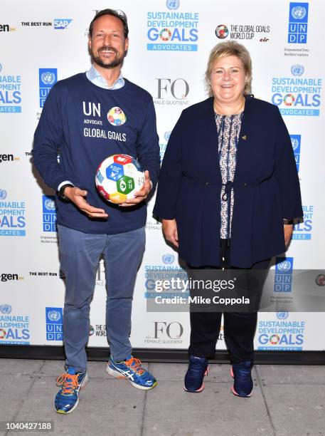 Haakon, Crown Prince of Norway and Prime Minister of Norway Erna Solberg attend the 3rd Annual Global Goals World Cup at the SAP Leonardo Centre on...